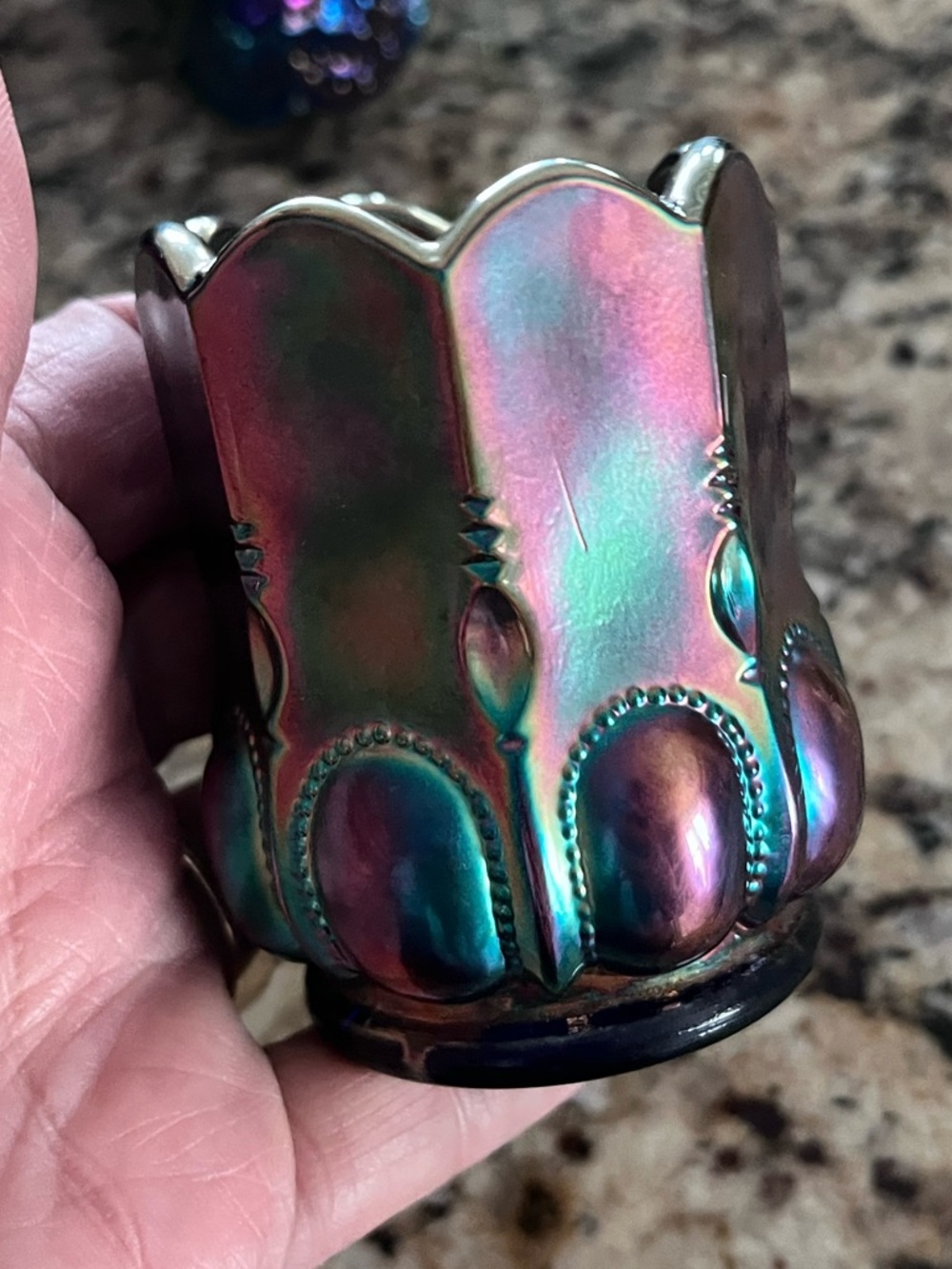 Vintage Degenhart Michigan Toothpick Holder Iridescent Carnival Glass Signed “D”